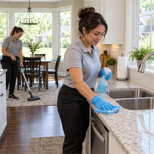 Professional cleaners wiping kitchen countertops and vacuuming a dining area during weekly cleaning services in Clarksville, IN