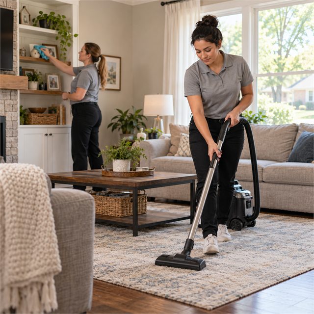 Professional cleaners vacuuming a living room rug and dusting shelves during weekly cleaning services near me