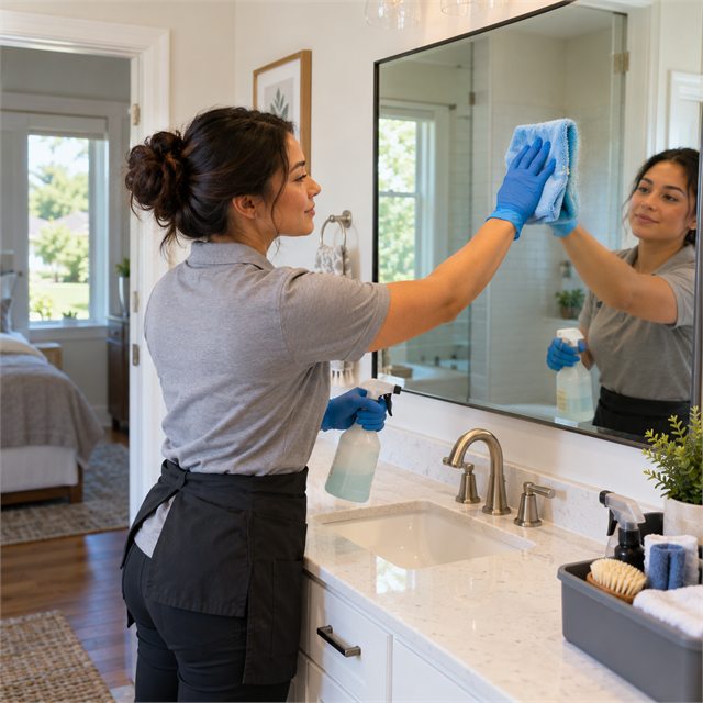 Professional cleaner wiping a bathroom mirror with a microfiber cloth during bi-weekly cleaning services in Charlestown, IN
