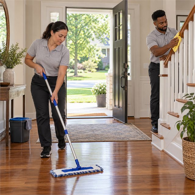 Professional cleaners mopping a hardwood entryway floor and wiping a staircase railing during bi-weekly cleaning services near me