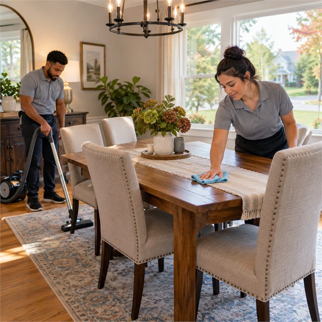 Professional cleaners wiping a wooden dining table and vacuuming the dining room floor during bi-weekly cleaning services in Sellersburg, IN