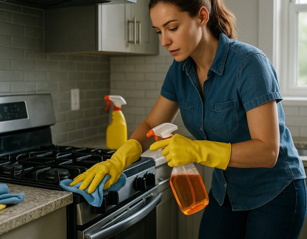 Exceptional weekly cleaning in Sellersburg, IN with a professional cleaner wiping and disinfecting a residential kitchen stovetop.