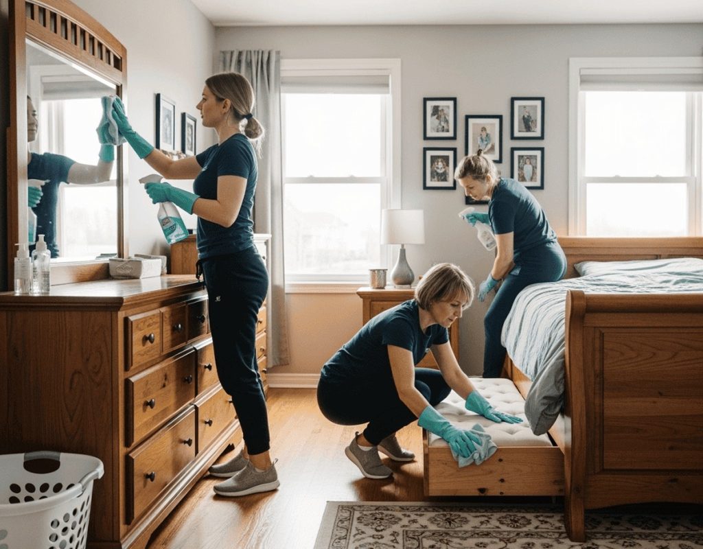 Reliable weekly cleaning in Charlestown, IN with a professional cleaning team dusting furniture, sanitizing surfaces, and tidying a residential bedroom.
