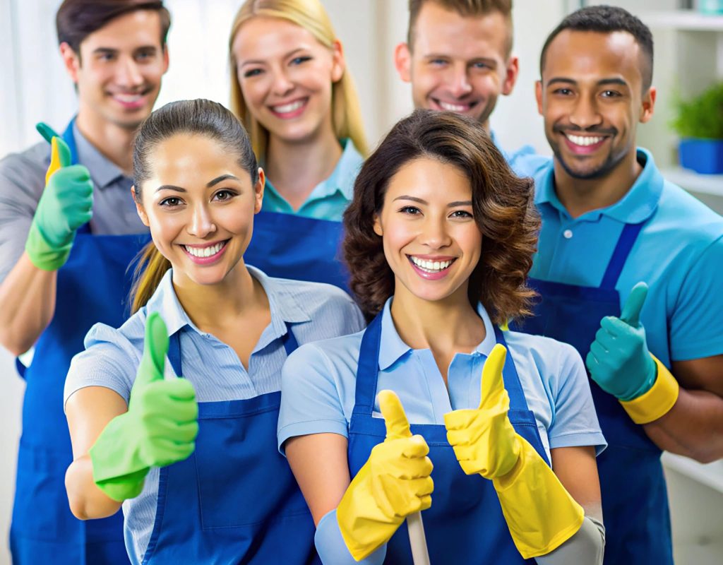 groupportraitofahappycleaningteamstsmilingandgivingthumbsupduringhomeoroffice-min Deep Blue Clean team performing house cleaning in Sellersburg, IN