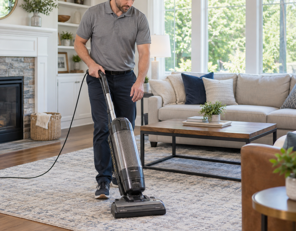 Professional cleaner vacuuming a living room rug during weekly cleaning services near me