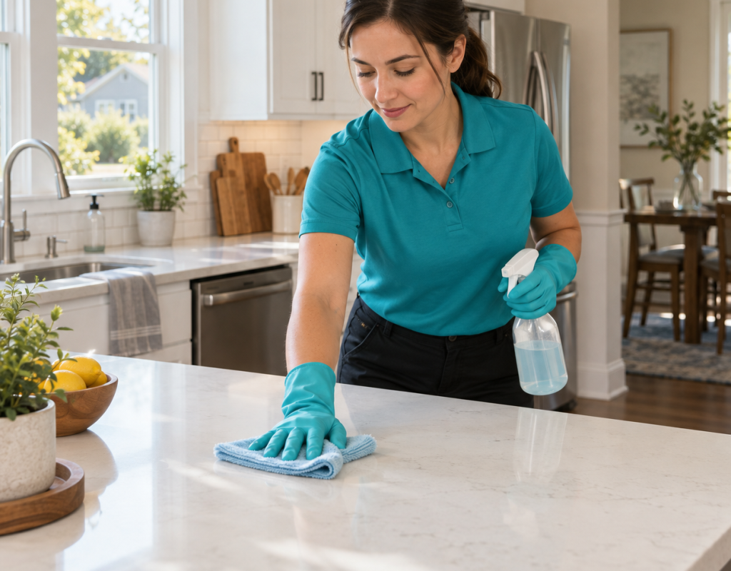 Professional cleaner wiping a kitchen countertop during weekly cleaning services in Crestwood, KY
