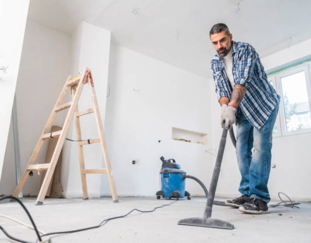 Deep Blue Clean staff cleaning construction site floors and surfaces thoroughly