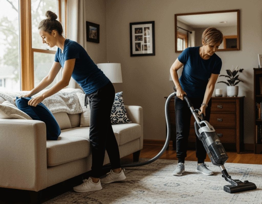 Reliable weekly cleaning services near me with professional cleaners vacuuming floors and tidying a residential living room.