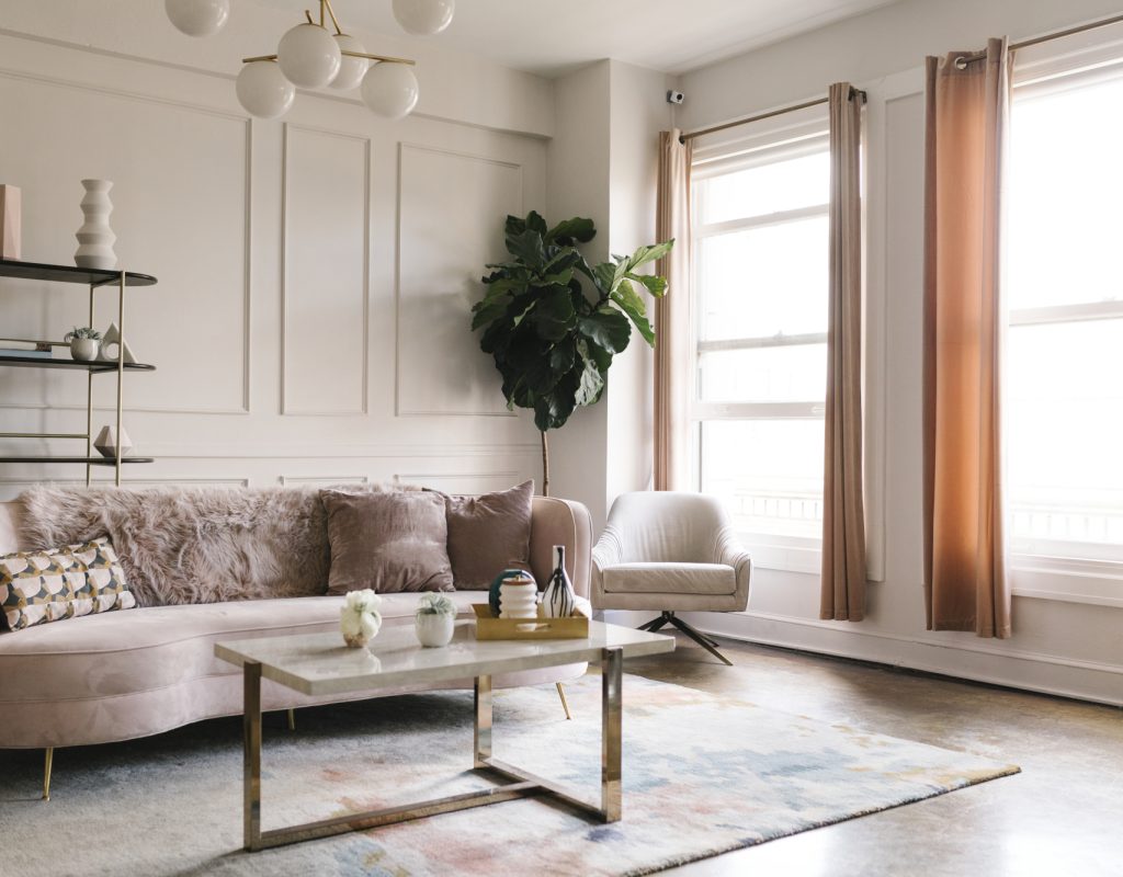 A modern living room style Eco-friendly cleaning products used by Deep Blue Clean for safe home cleaning