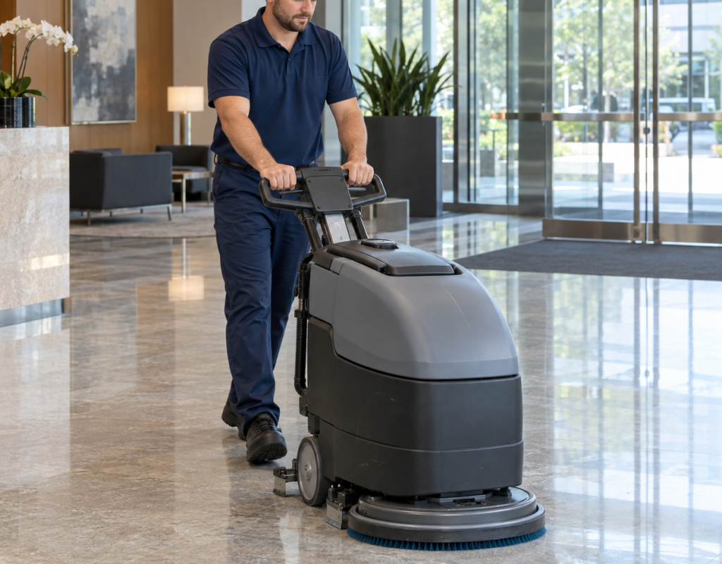 Professional cleaner operating a floor scrubber during commercial cleaning services near me